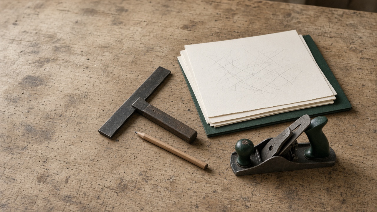 A quiet workbench with a few plain, unbranded hand tools laid out beside a short stack of paper.